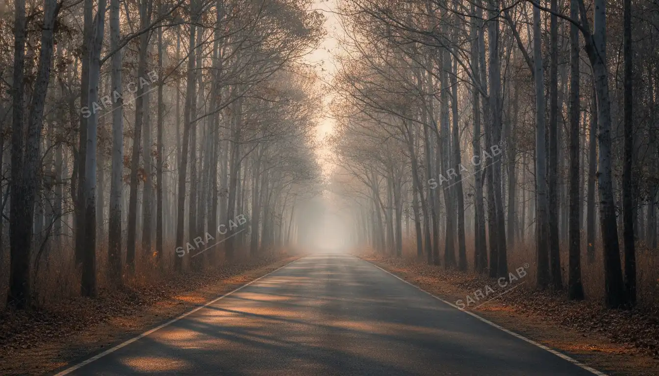 An empty highway through the dry deciduous forest of Bandipur at first light