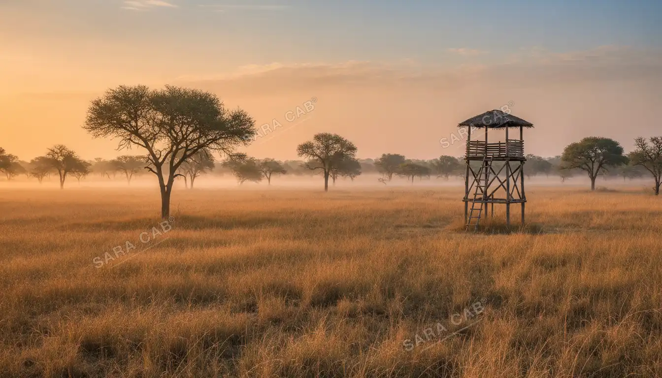 Open grassland and a watchtower in Bandipur at first light