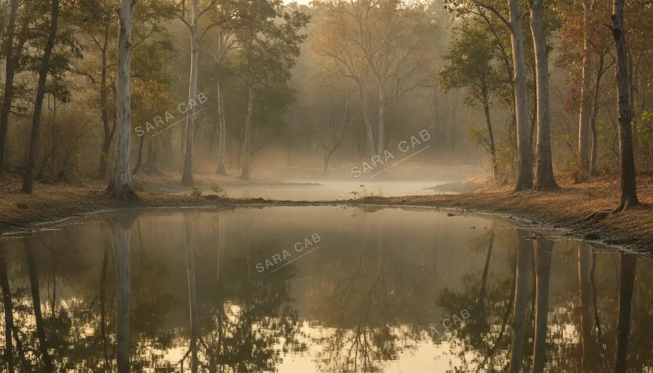 A forest waterhole in Bandipur at first light, mist between pale tree trunks