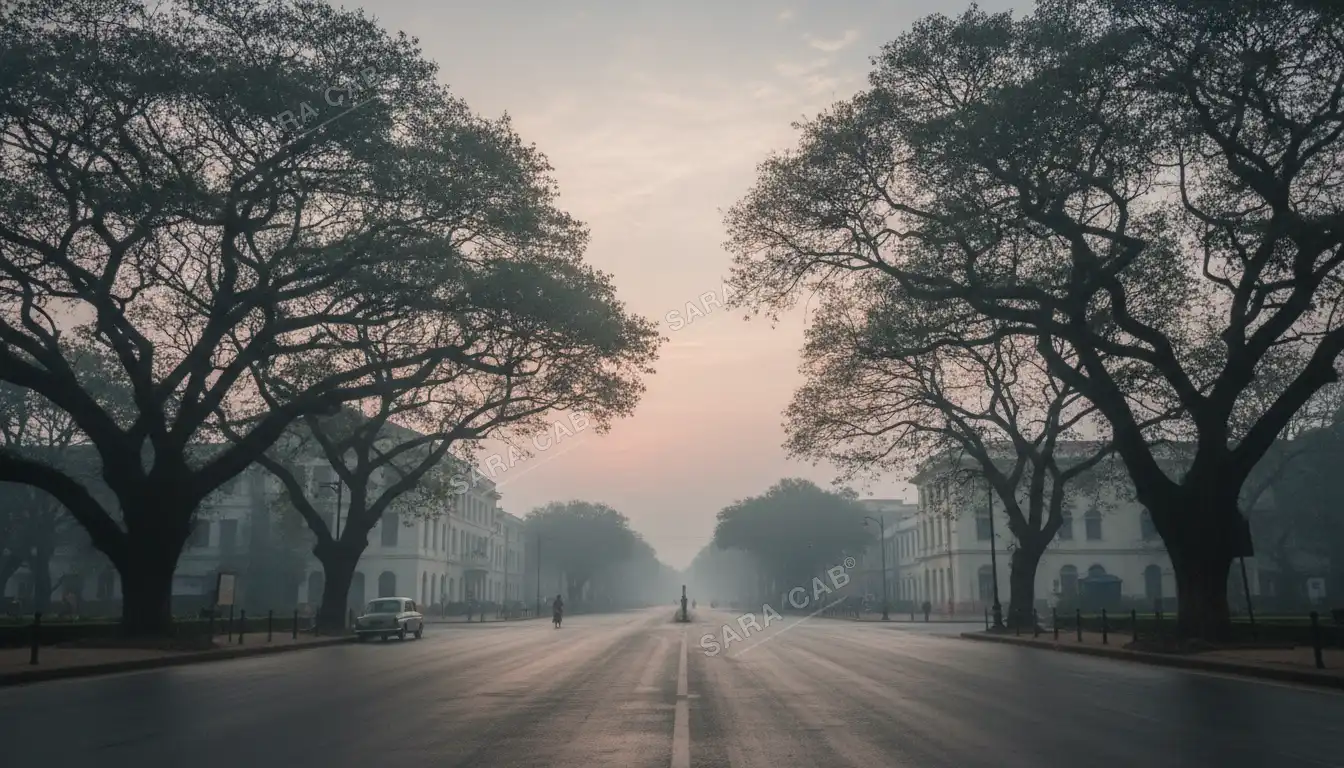 A tree-lined avenue in central Bangalore in early morning light