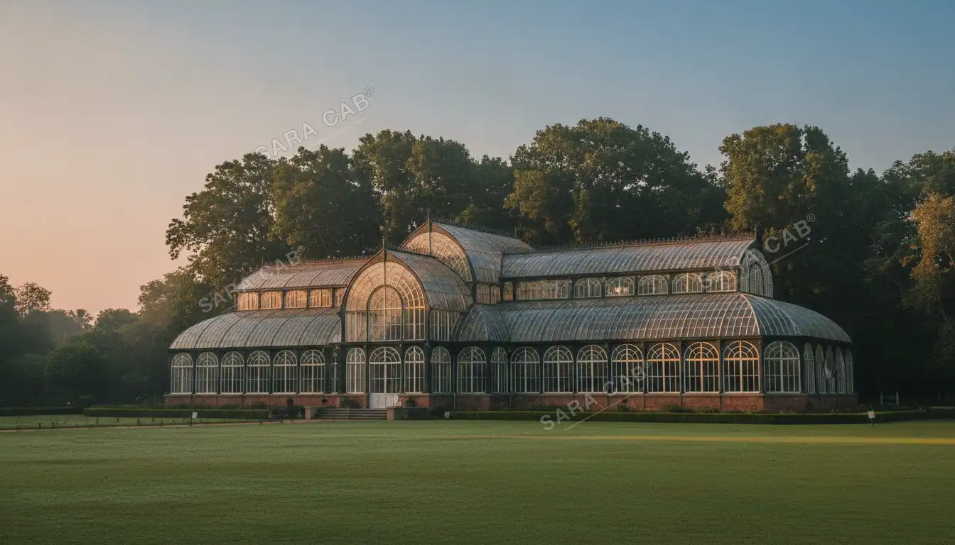 The Victorian glasshouse at Lalbagh, Bangalore, across an open lawn