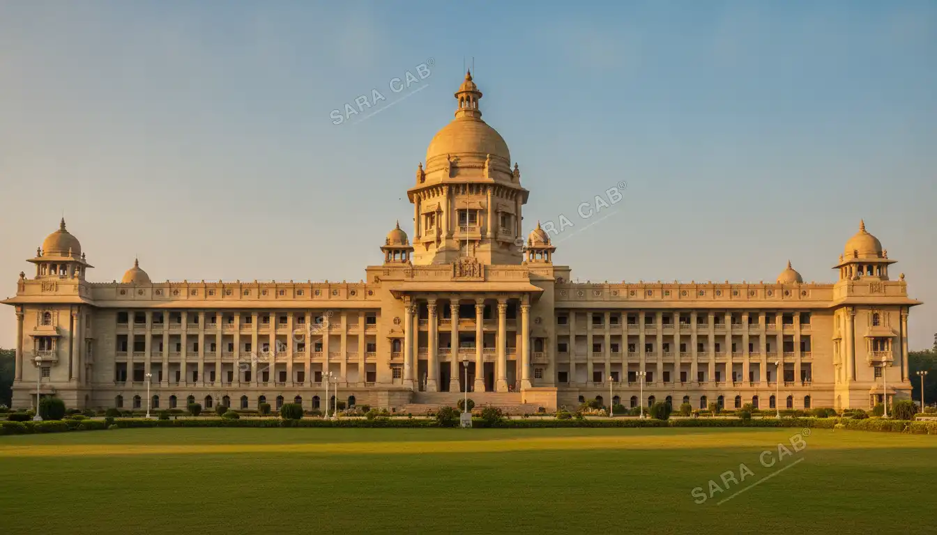 The Vidhana Soudha in Bangalore in warm early light, with open lawns in front