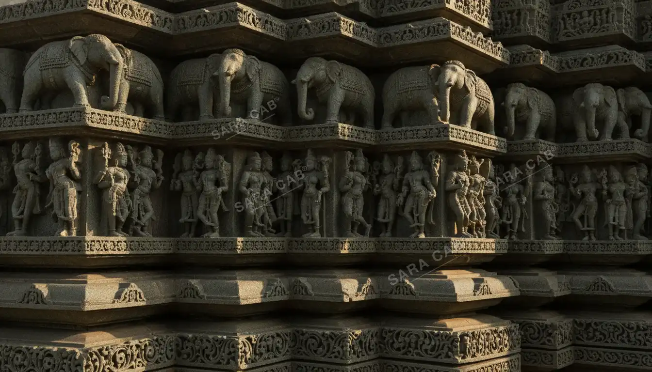 Detailed soapstone carving on the Hoysala temple wall at Belur
