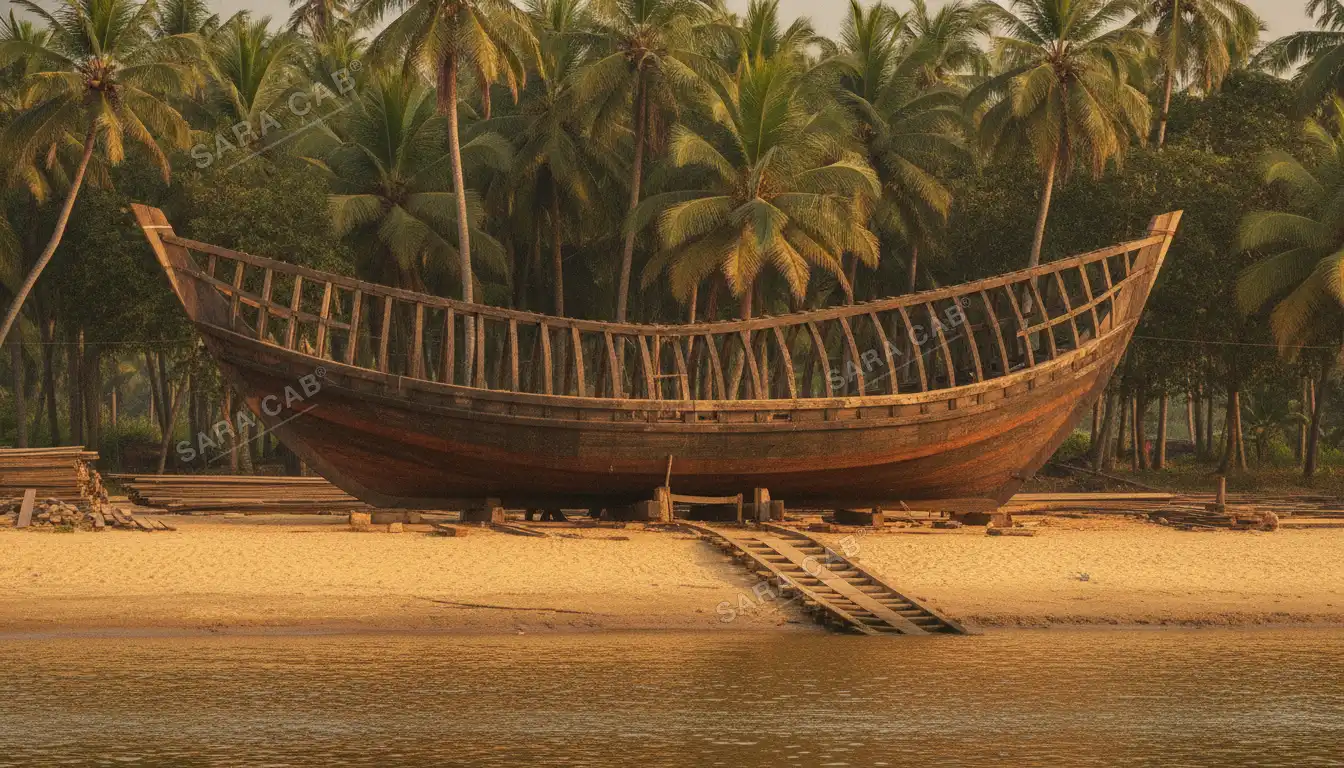 A wooden dhow under construction on the riverbank at Beypore, Kozhikode