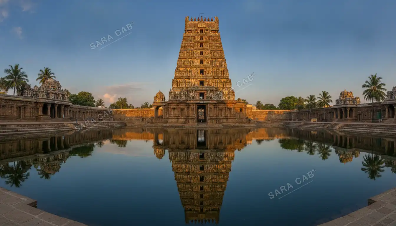 Kapaleeshwarar Temple gopuram in Mylapore, Chennai, reflected in the temple tank