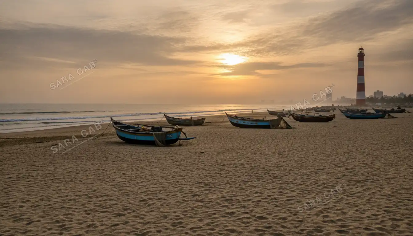 Marina Beach, Chennai, at sunrise with fishing boats drawn up on the sand