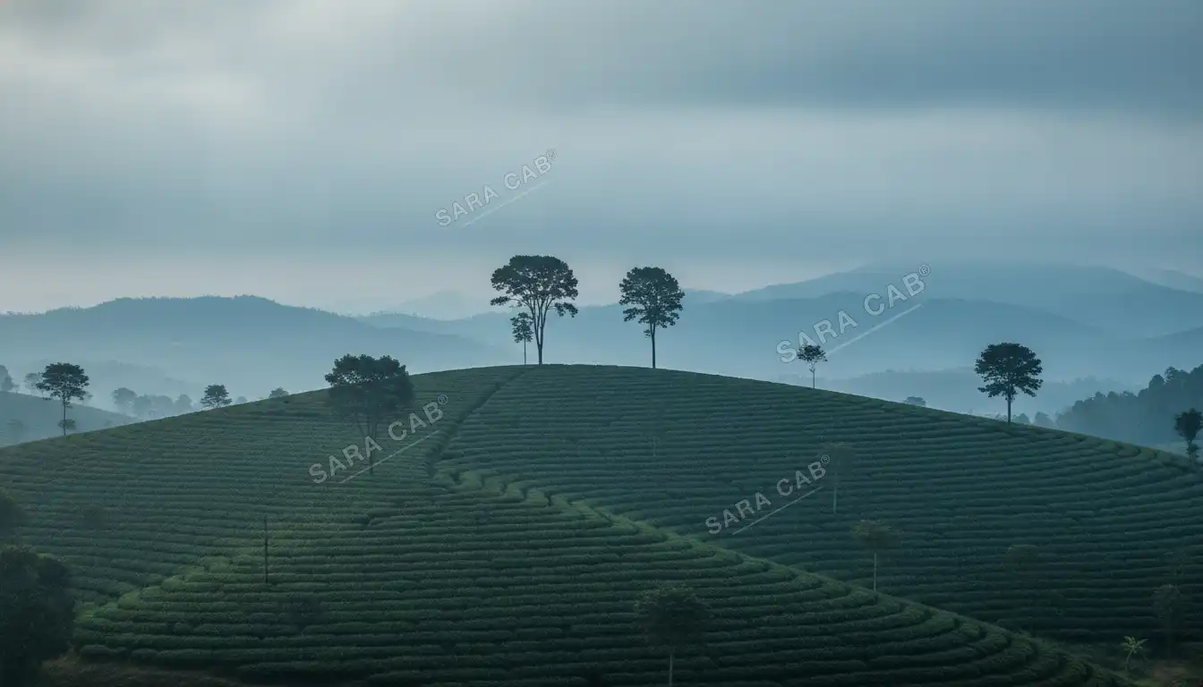 Rows of coffee bushes under shade trees on a Chikmagalur hillside