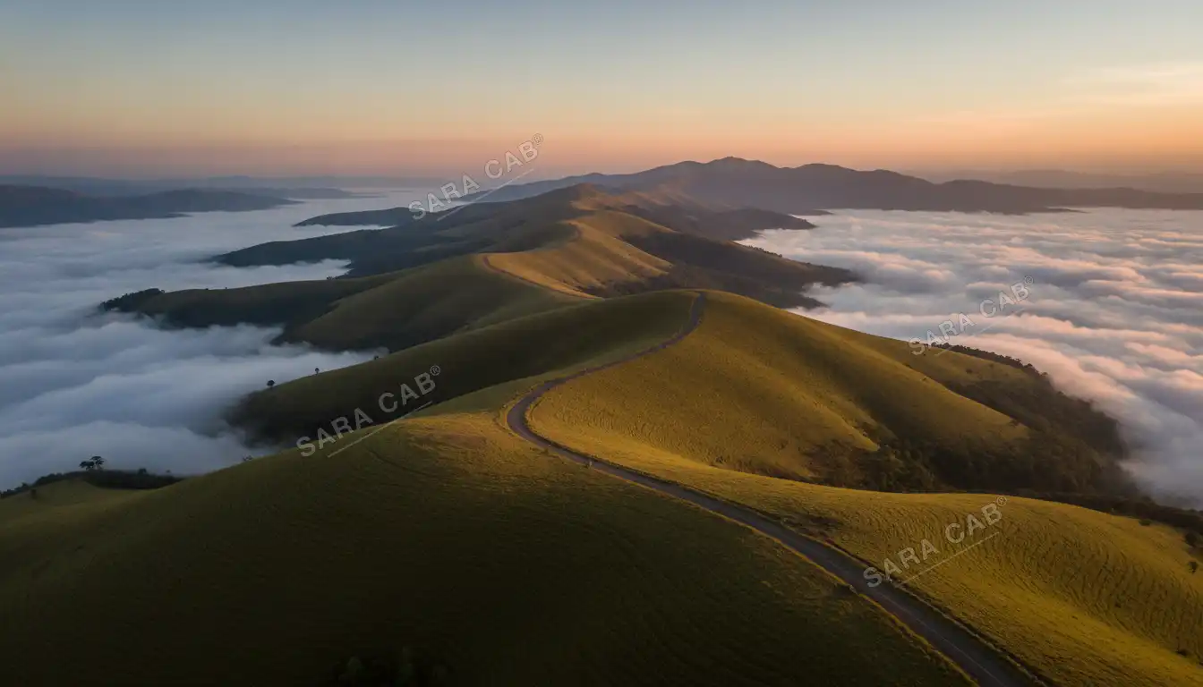 Open grassy ridges of the Mullayanagiri range at sunrise, cloud in the valleys