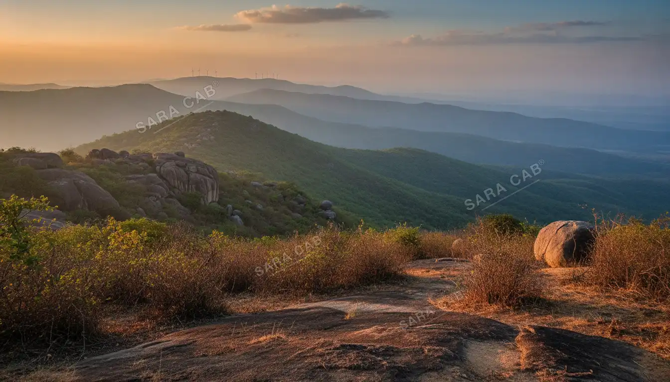 The Velliangiri foothills west of Coimbatore at dawn, layered hills in blue haze