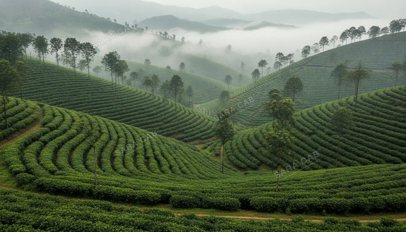 Coffee plantation hills in Coorg in morning mist