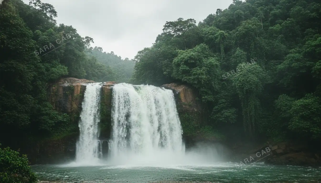 A waterfall in full monsoon flow at Courtallam, in the Western Ghats foothills