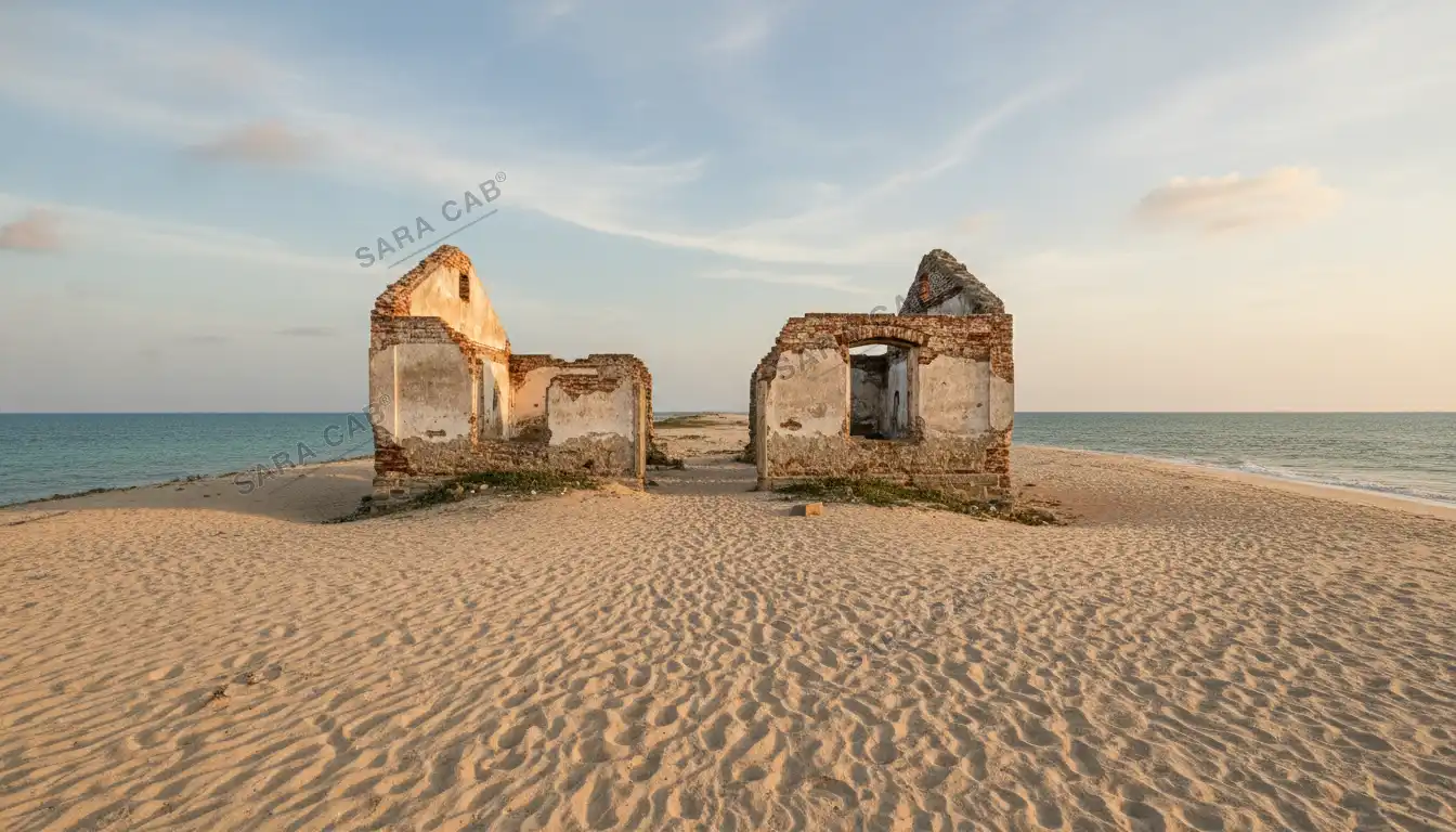 The ruined church at Dhanushkodi on the sand spit, sea on both sides