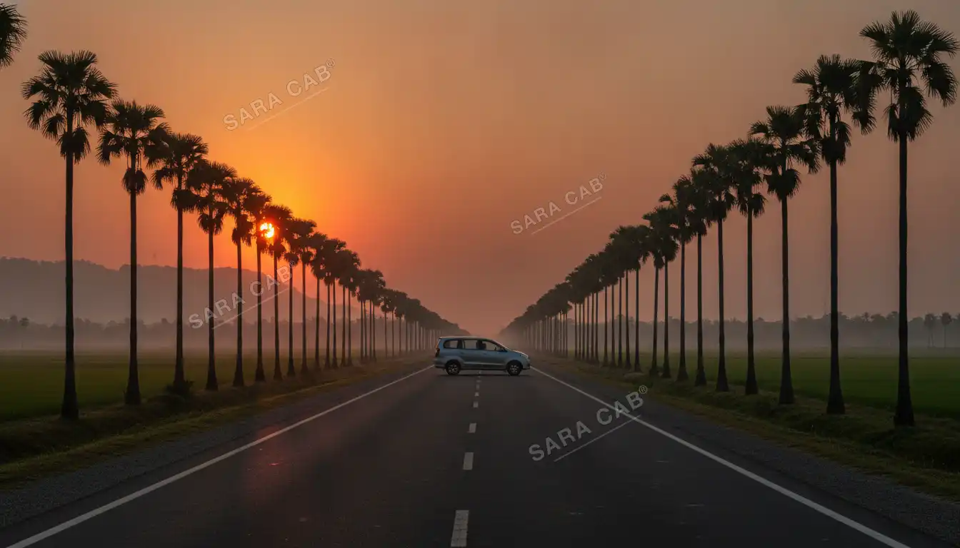 A silver MPV on an empty South Indian highway at dawn, palm trees along the road