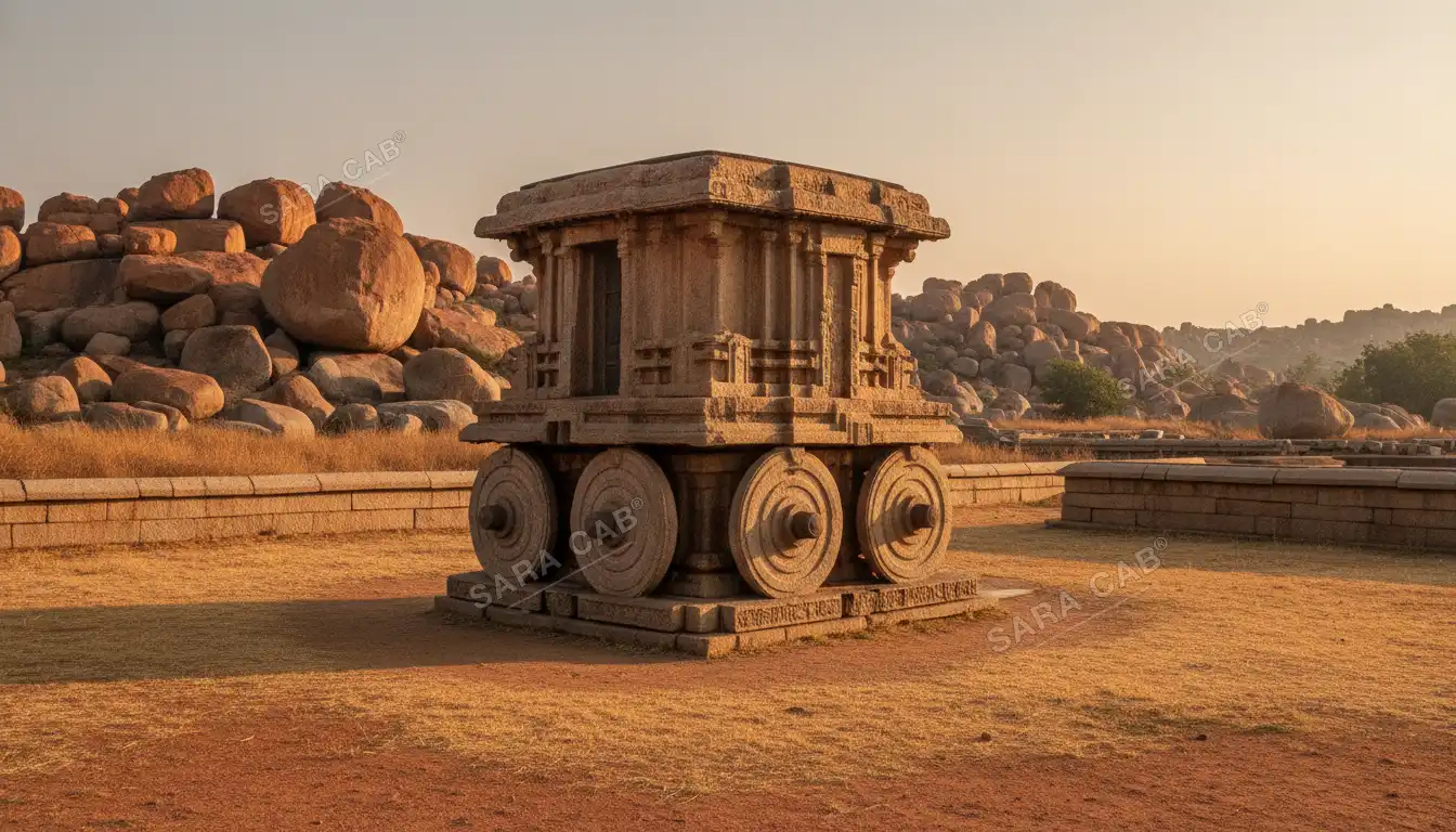 The carved stone chariot at the Vittala temple complex in Hampi