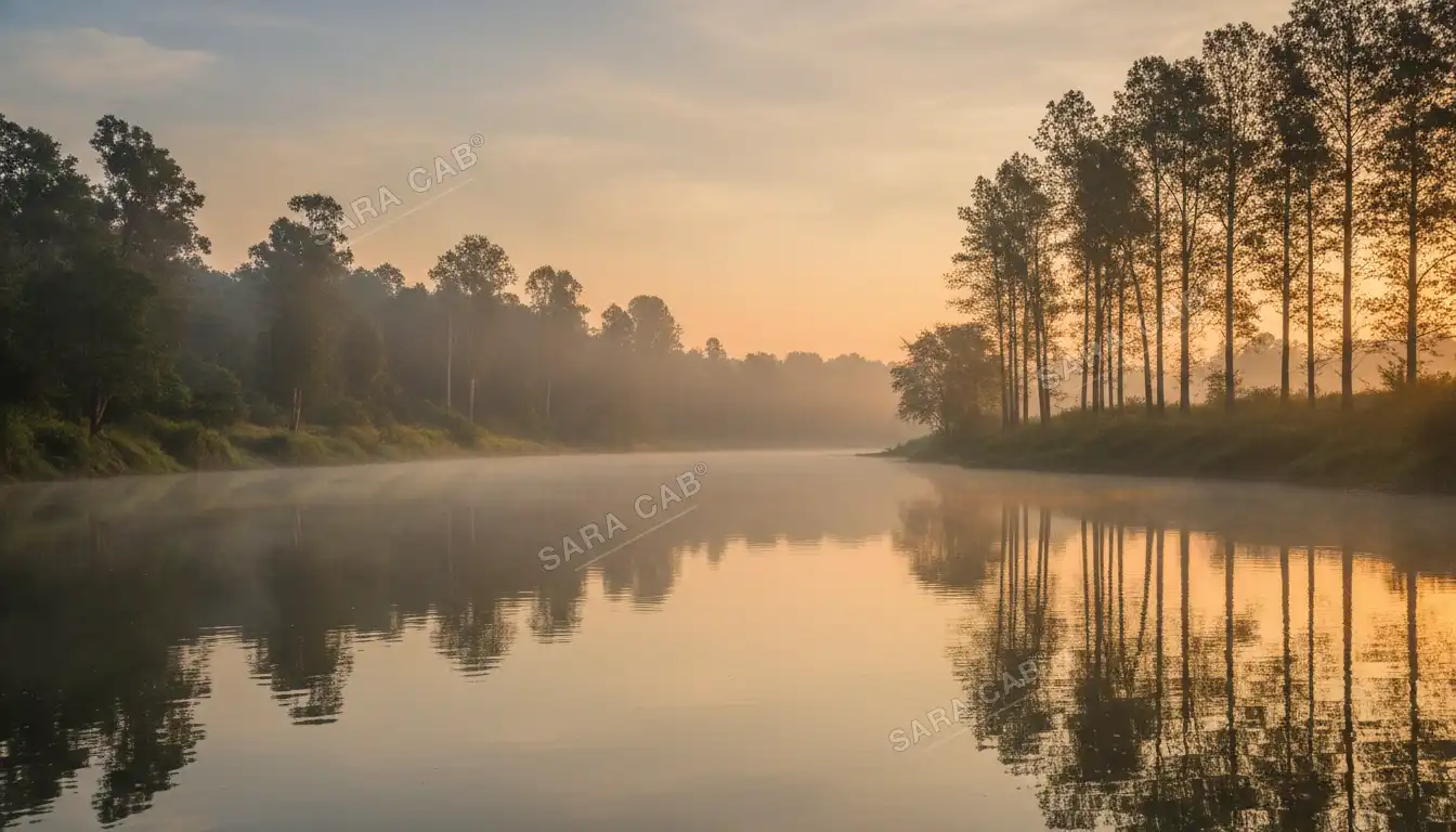 A wide slow river with forested banks in southern Karnataka at first light