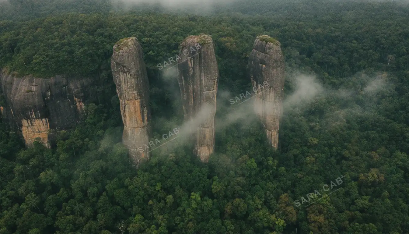 The Pillar Rocks at Kodaikanal, three granite columns above a wooded valley