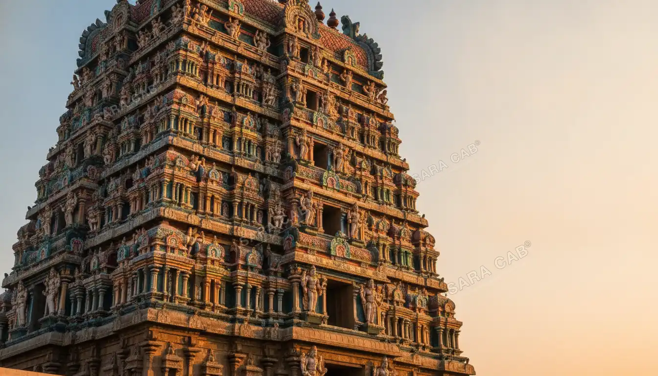The painted gopuram of Meenakshi Amman Temple, Madurai, at golden hour