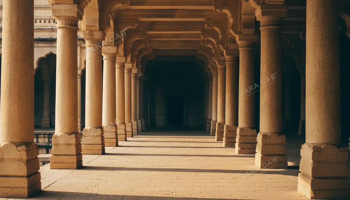 The colonnaded courtyard of the Thirumalai Nayakkar Mahal in Madurai