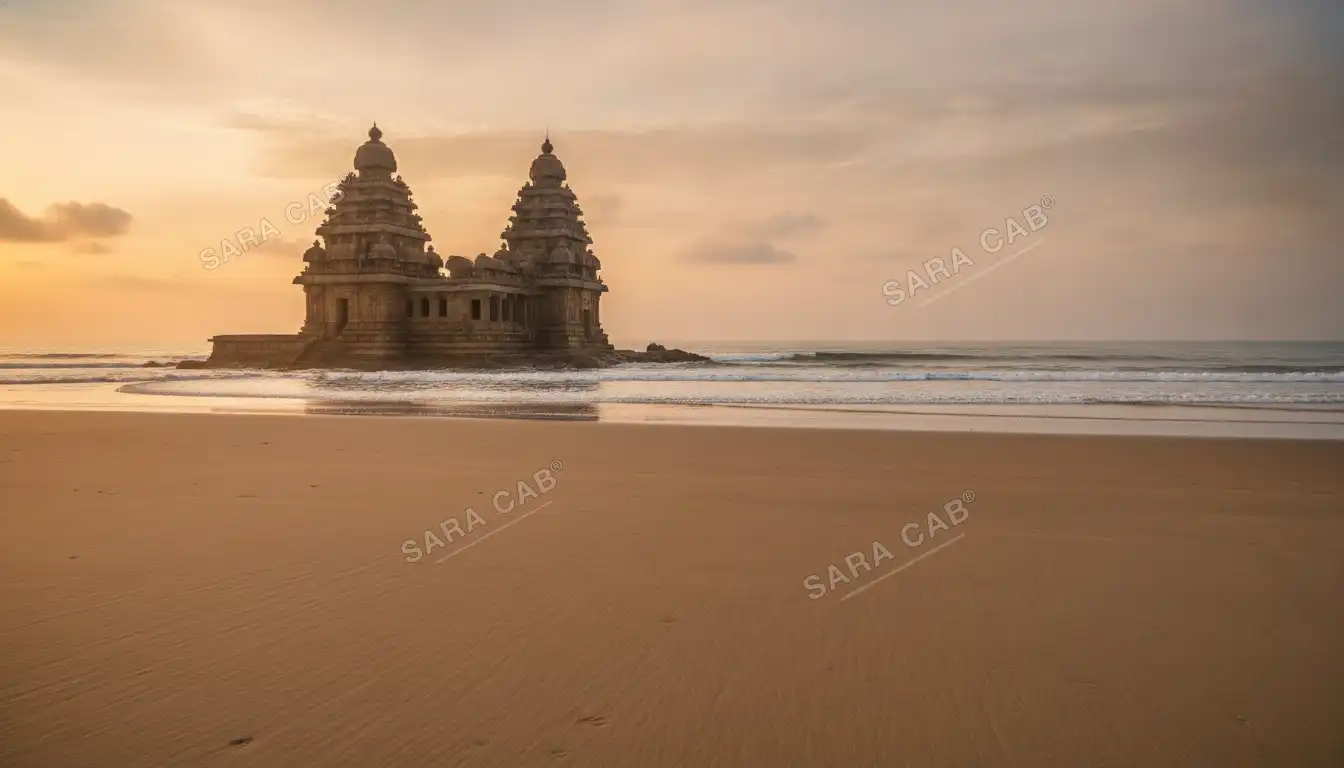 The Shore Temple at Mahabalipuram at sunrise, granite towers against the sea