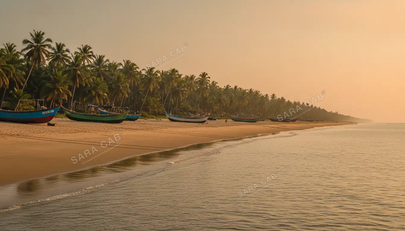 The Karnataka coast near Mangalore at golden hour, fishing boats on the sand