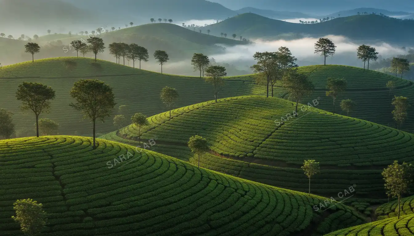 High tea plantation country near Munnar, hills carpeted in clipped tea bushes