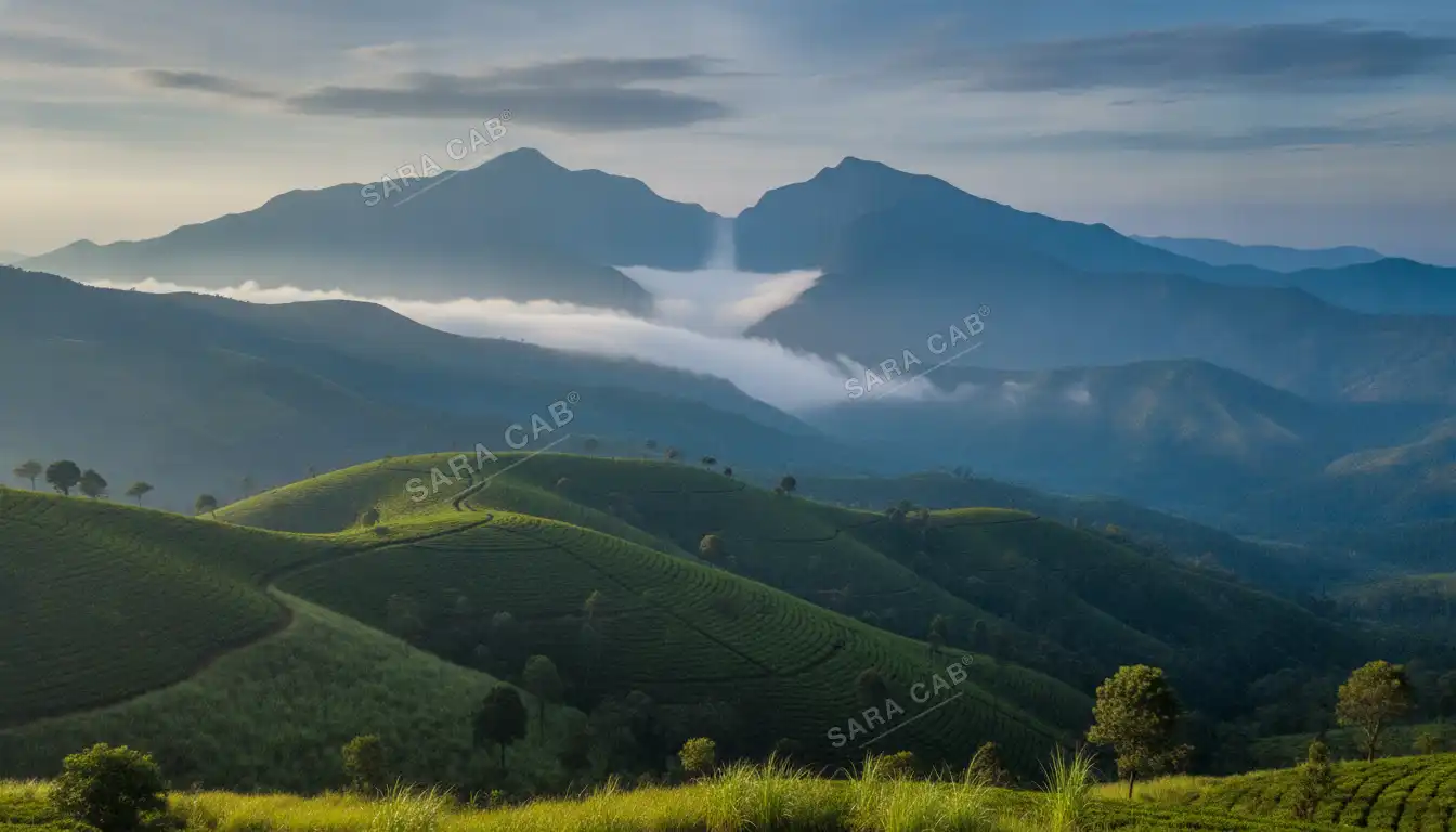 The long view east from Top Station above Munnar, cloud pouring through a gap
