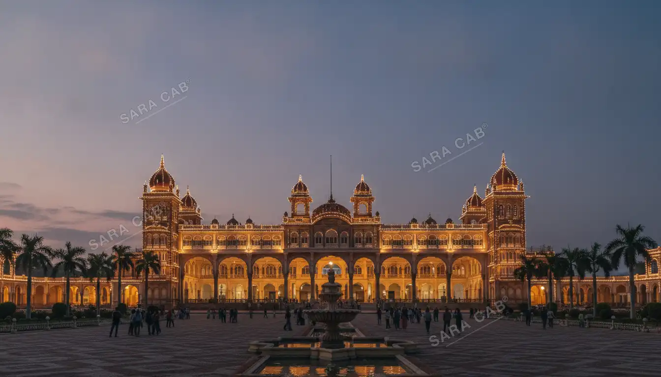 Mysore Palace at dusk with its domes lit against an indigo sky