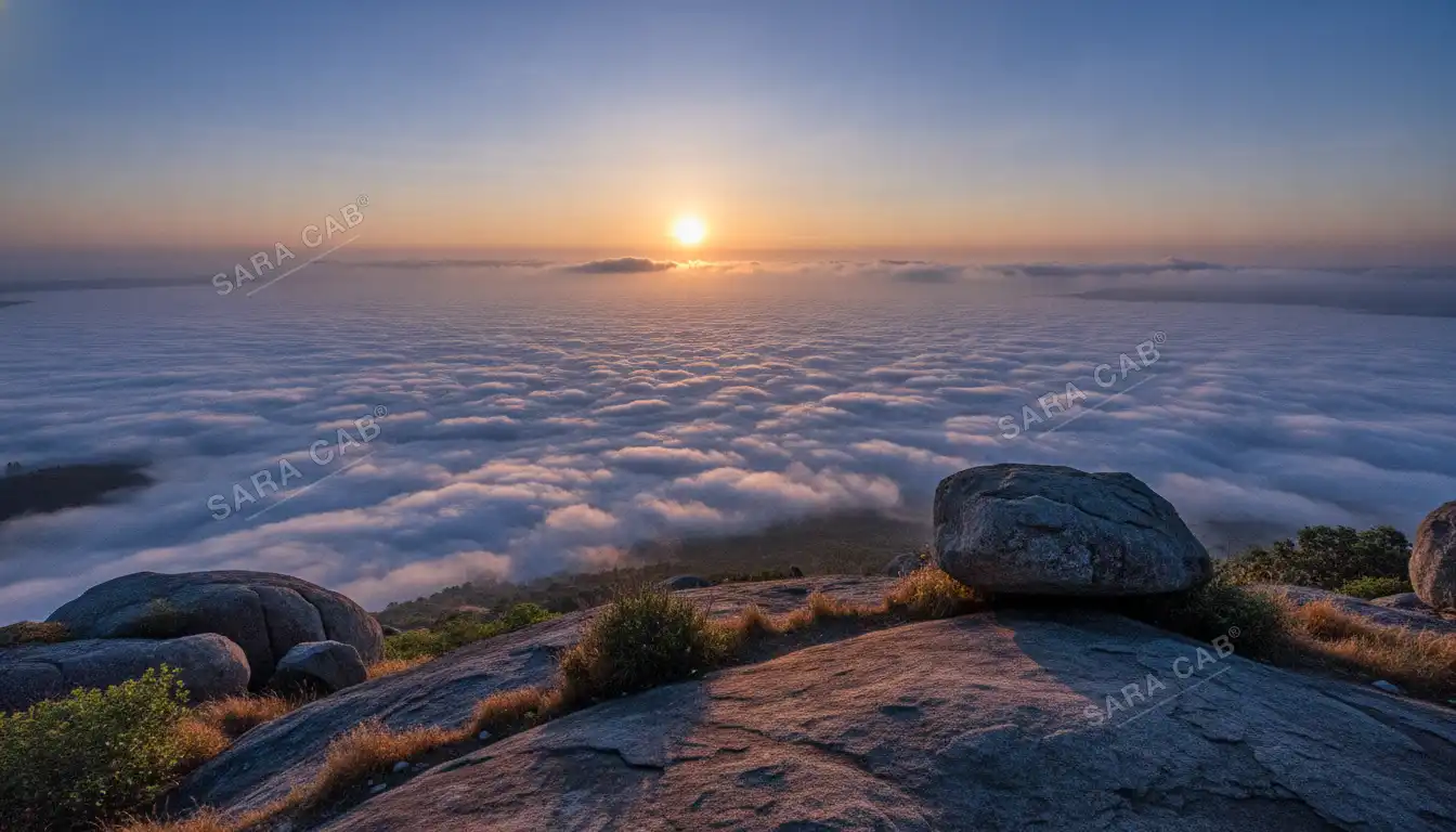 Sunrise above a sea of cloud filling the plain, seen from a Deccan hilltop