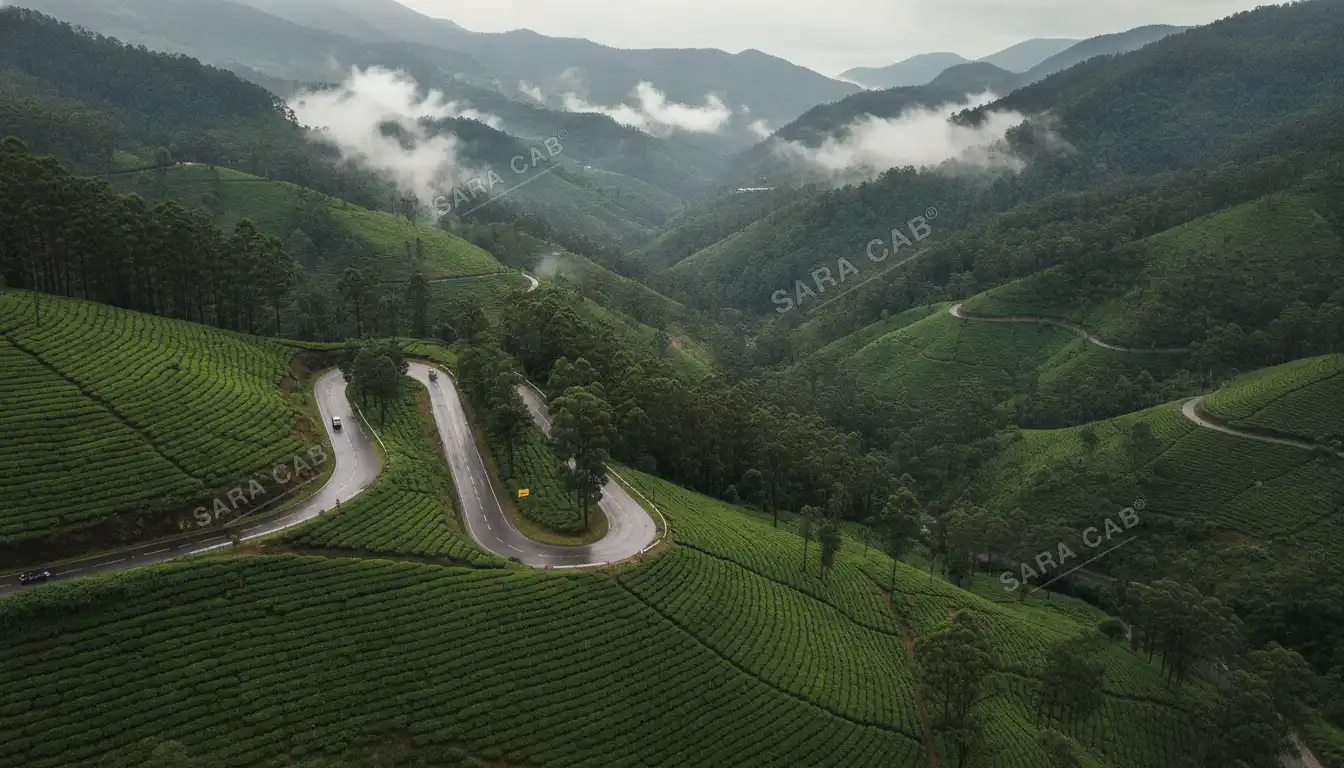 A hairpin bend on the Nilgiri ghat road to Ooty, tea slopes falling away below