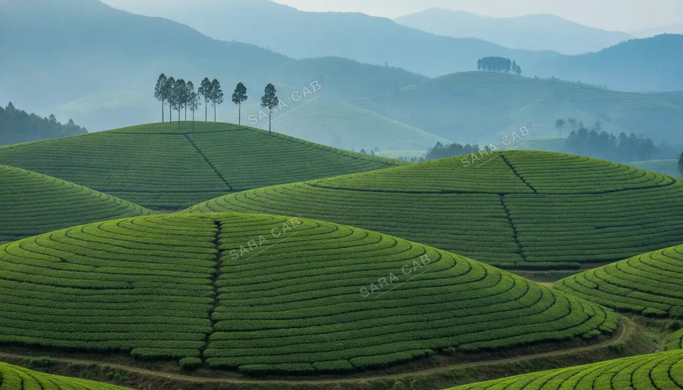 Tea estate slopes below Ooty, clipped bands following the contours