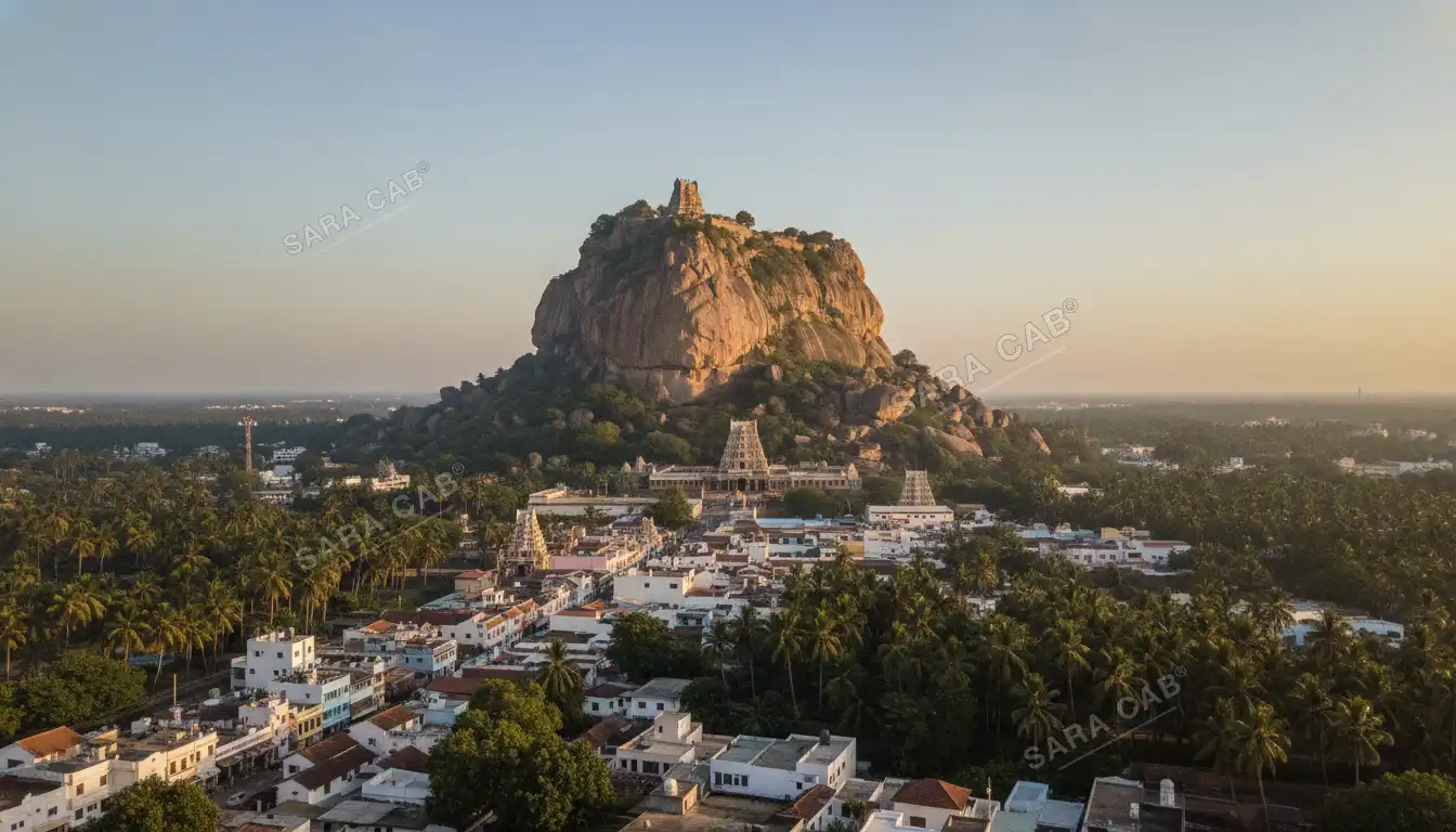 A granite hill with a temple at its summit rising above the town of Palani