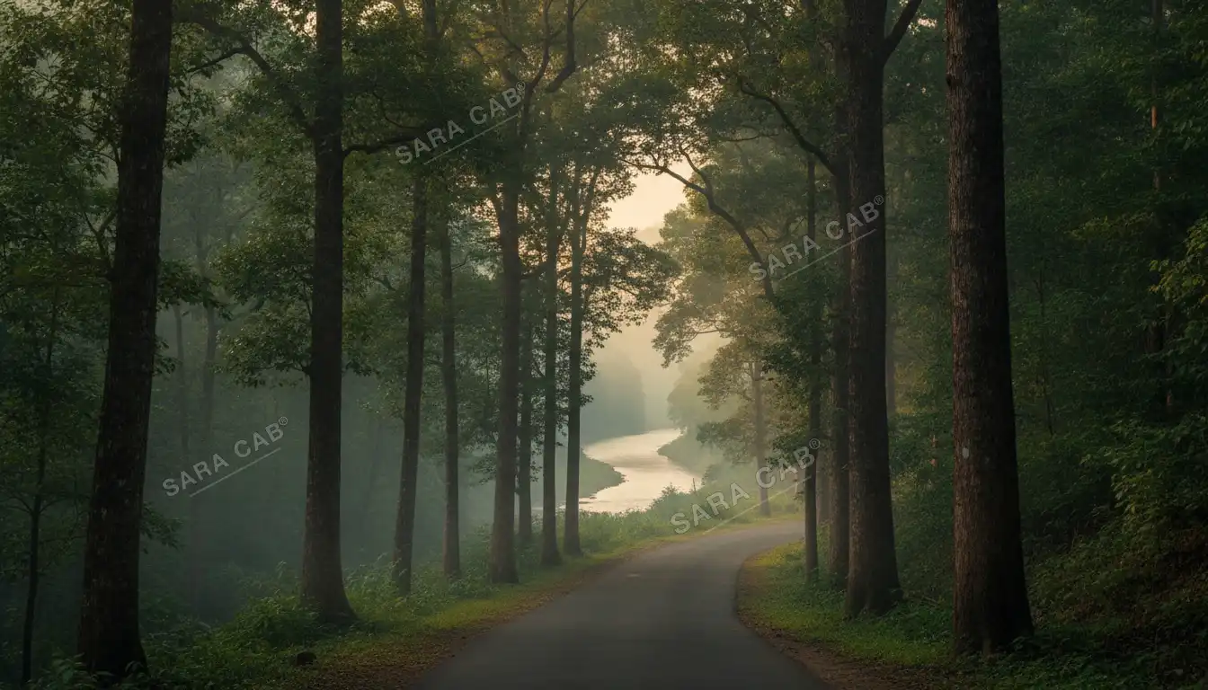 A narrow road through forested hills in Kerala at first light