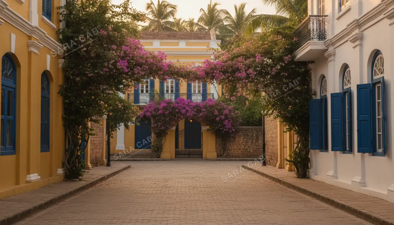 A street in the French Quarter of Pondicherry with bougainvillea over the walls
