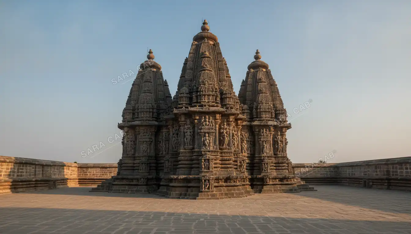 The three-shrined Keshava temple at Somnathpur in warm morning light