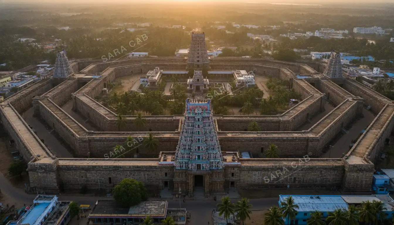 The walled enclosures and painted gopuram of the Srirangam temple at golden hour