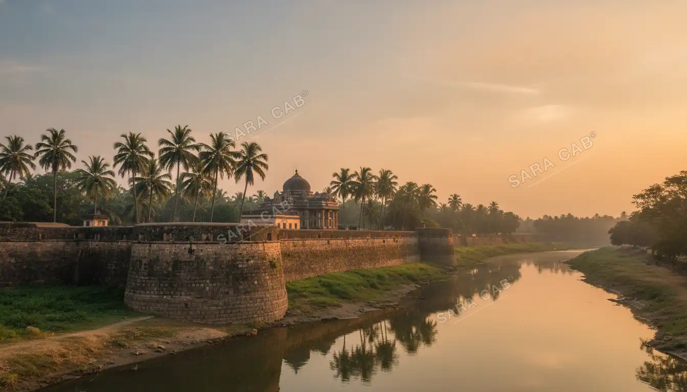 The island fort walls and a domed temple at Srirangapatna, beside the Kaveri