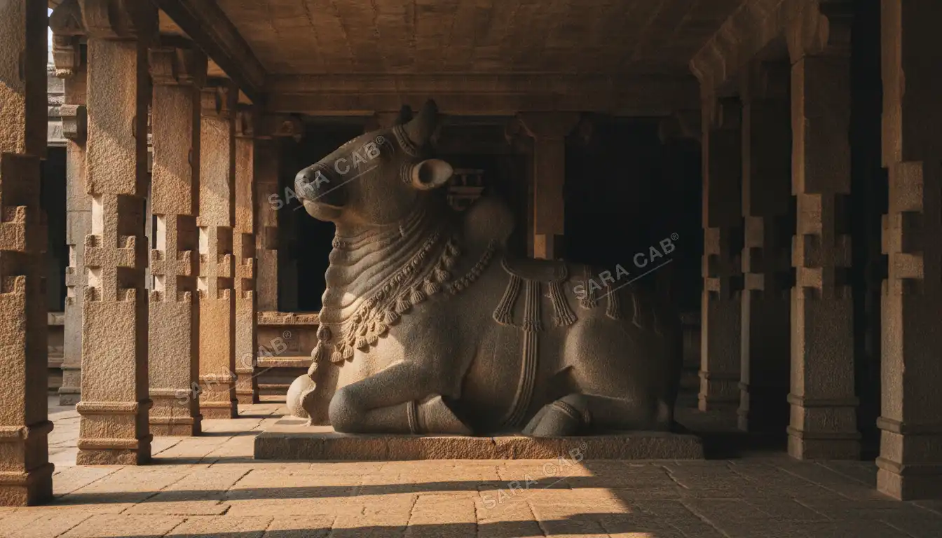 The colossal carved Nandi in its pavilion in the Thanjavur temple courtyard
