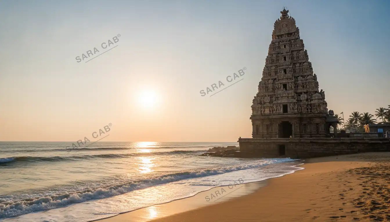The temple gopuram at Tiruchendur standing close to the shore
