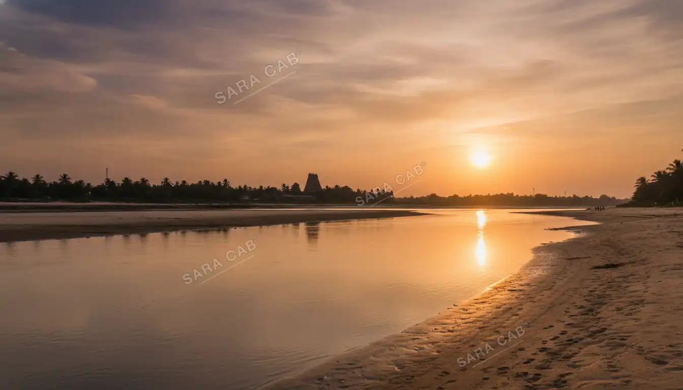 The broad shallow Kaveri at Trichy in warm evening light