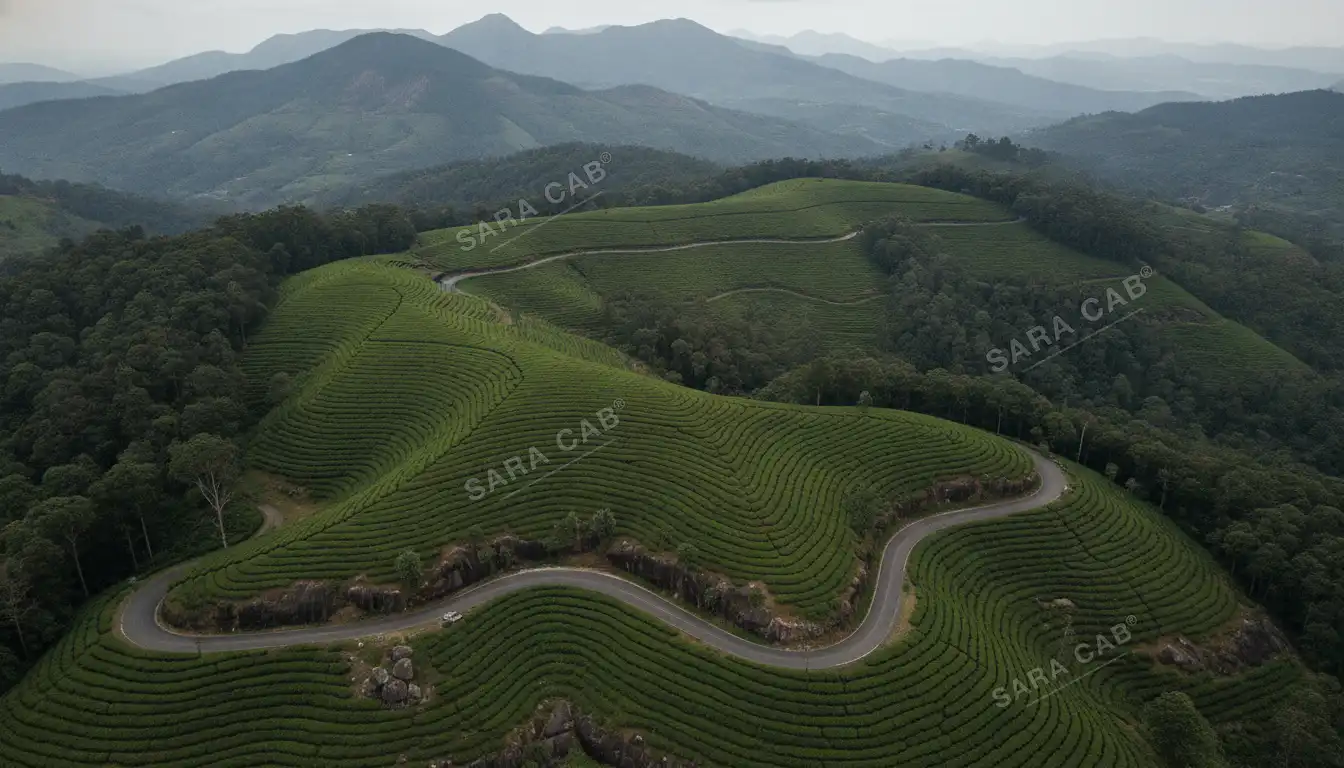 Tea-covered slopes on the Valparai plateau with a road switchbacking through them