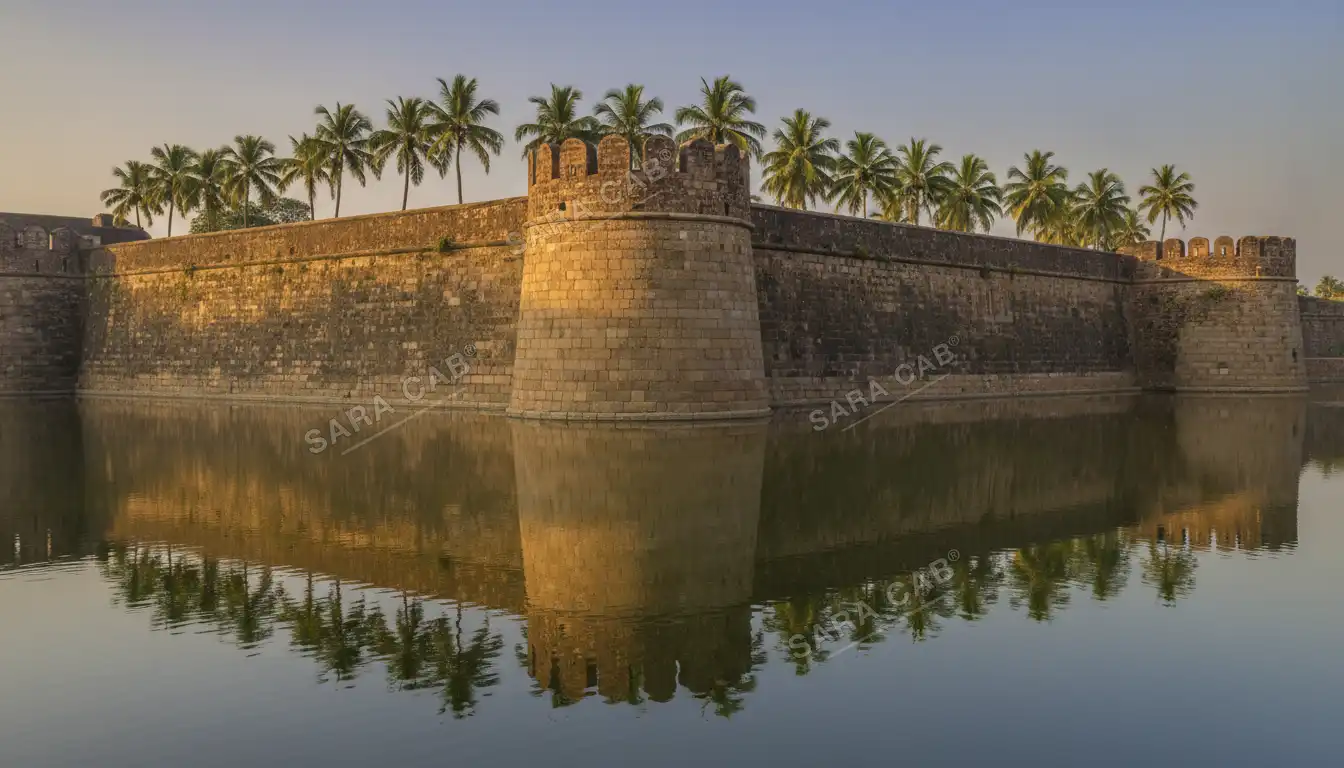 The granite ramparts of Vellore Fort reflected in its water moat