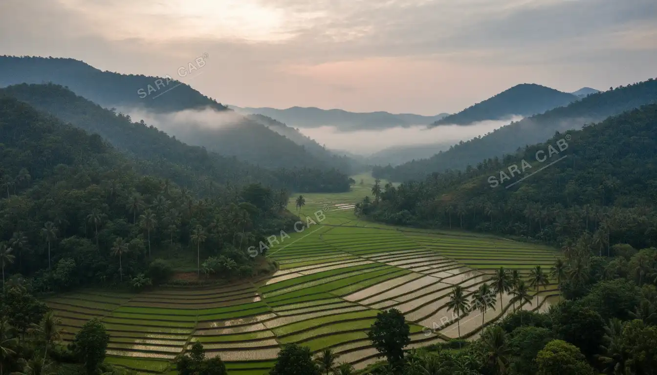A green paddy valley in Wayanad with forested hills and mist in the folds