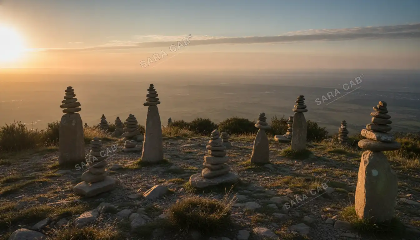Stone cairns at a hilltop viewpoint above the plains at Yercaud, at sunrise